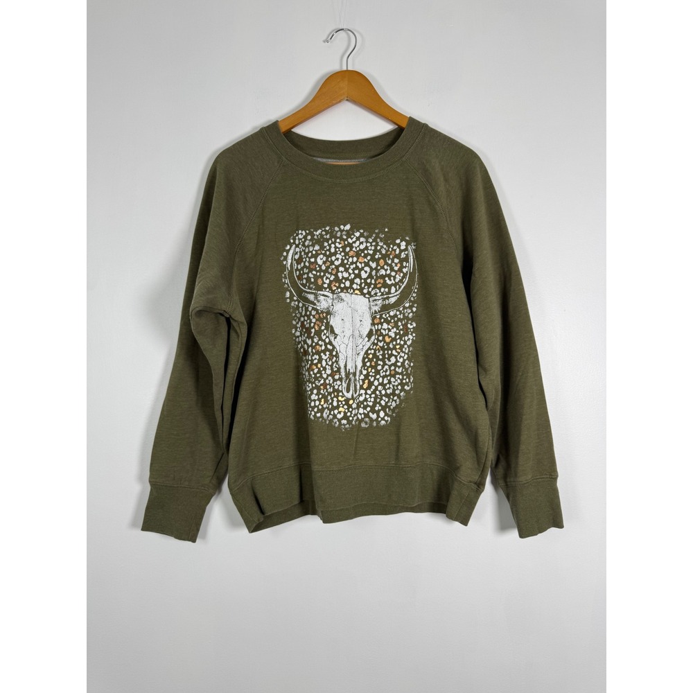 Western Boho Maurices Womens Large Sweatshirt Olive Green Longhorn Leopard Print